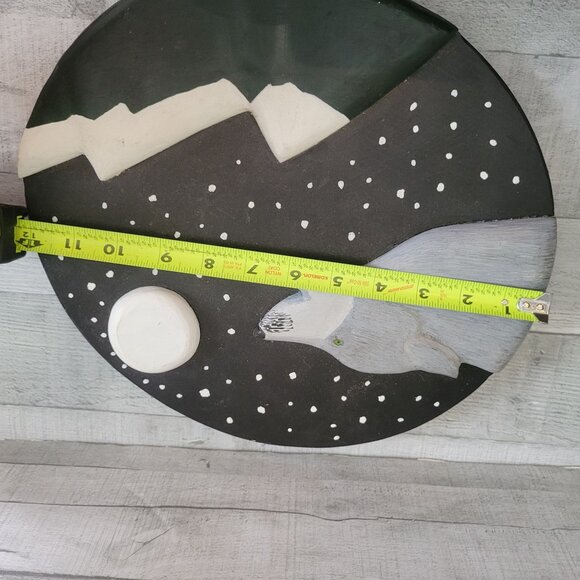 Handcrafted Wooden Wall Art: Wolf Howling At Moon Over Mountains - Picture 6 of 9